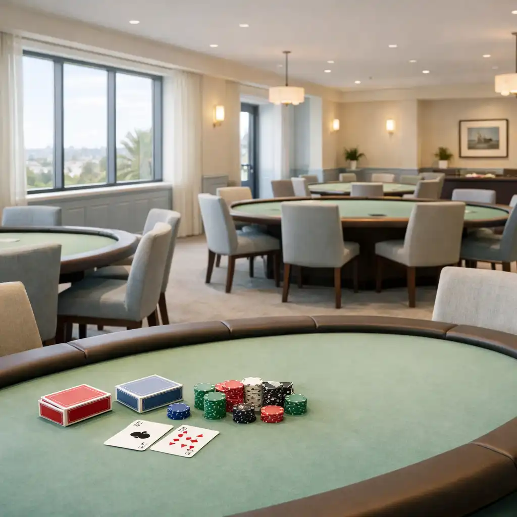 Bright card lounge interior with real poker tables, soft green felt, and natural daylight in a premium Zealand venue