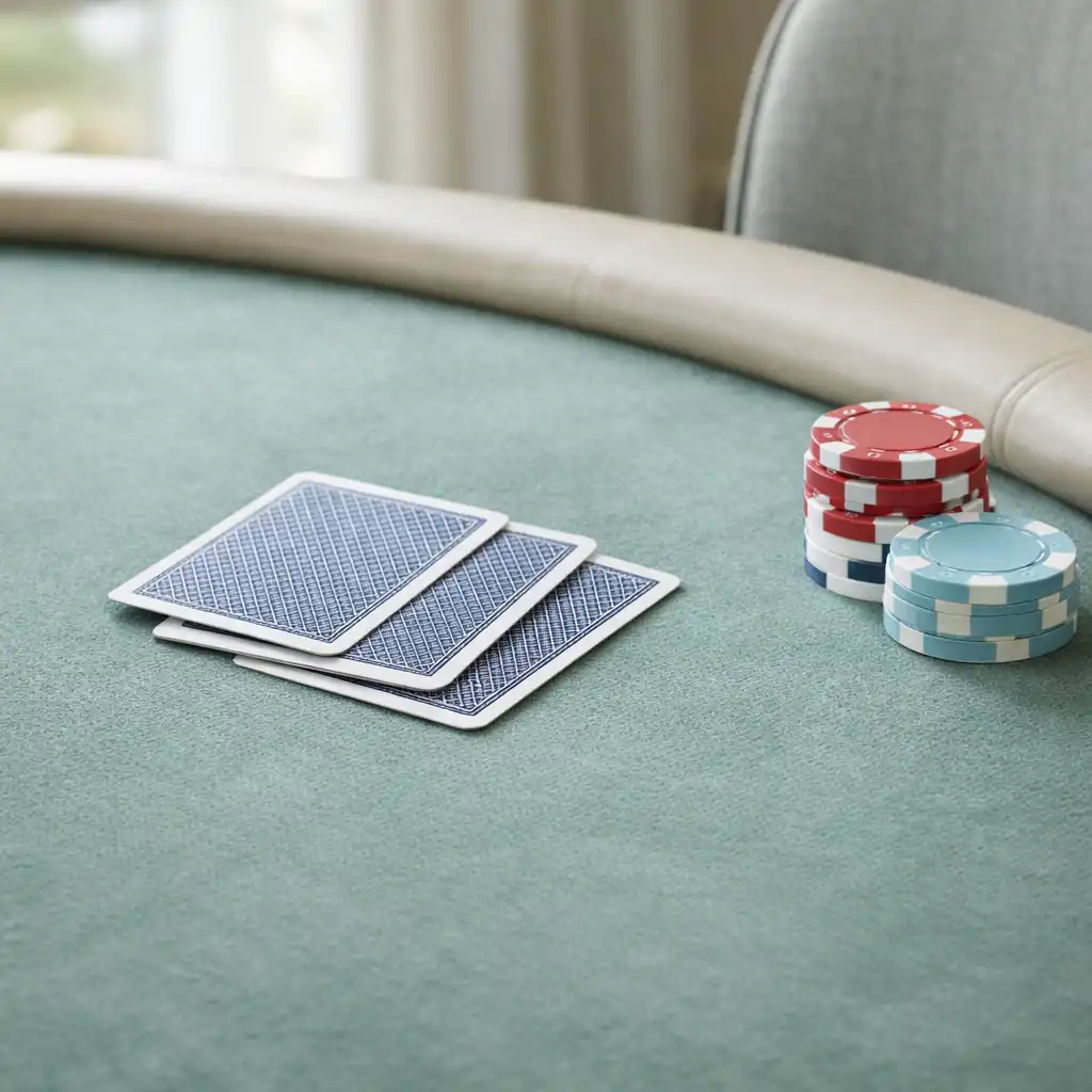 Close-up of a bright poker table in the card lounge with soft green felt, playing cards, and poker chips