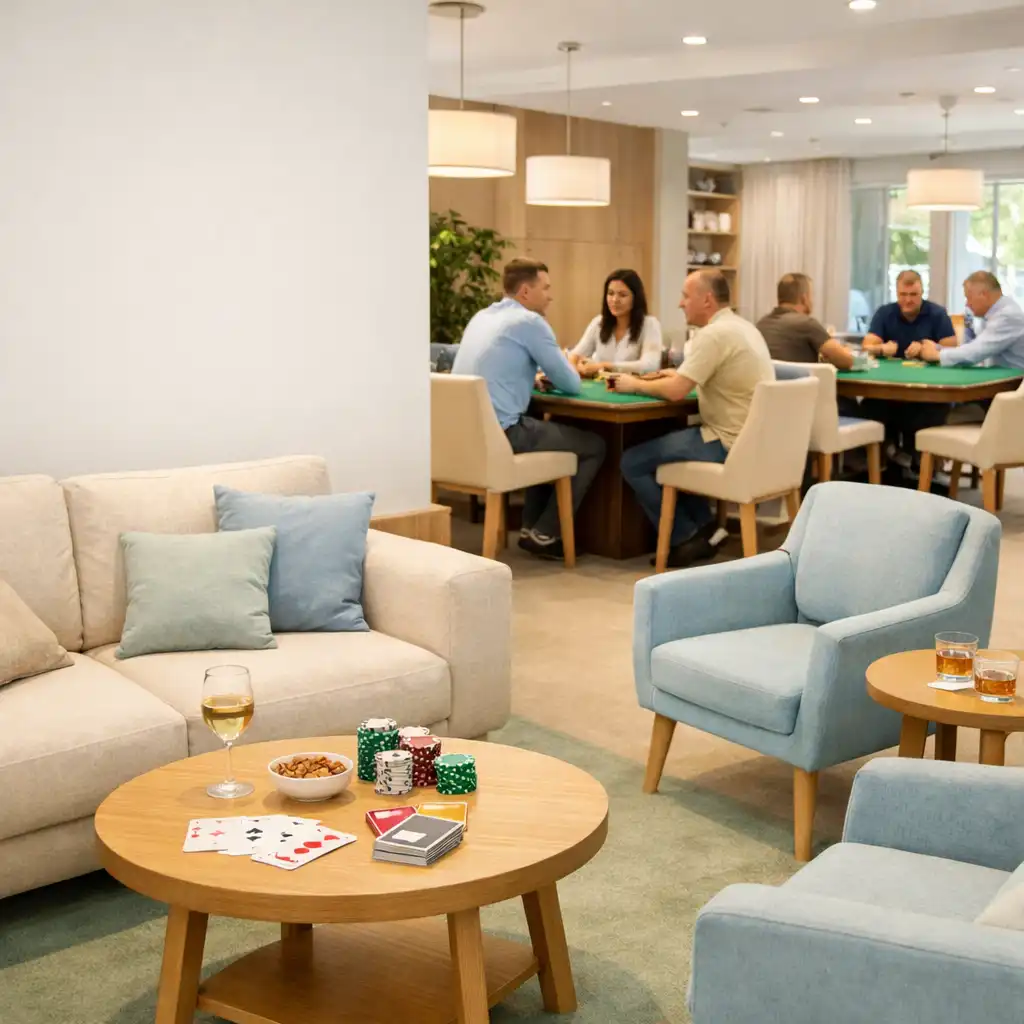 Relaxed card lounge with comfortable seating and poker tables