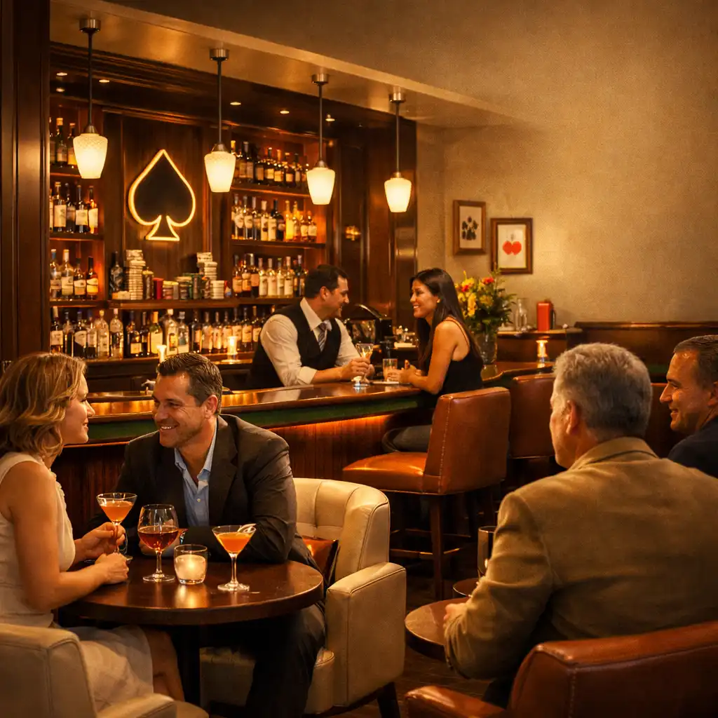 Elegant restaurant and bar area inside the poker venue