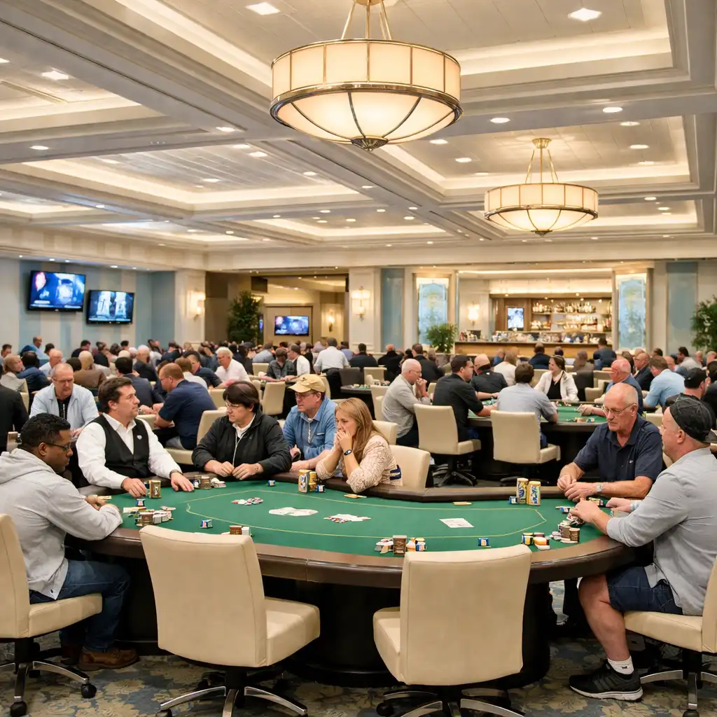 Wide shot of the card room interior with multiple poker tables and guests playing