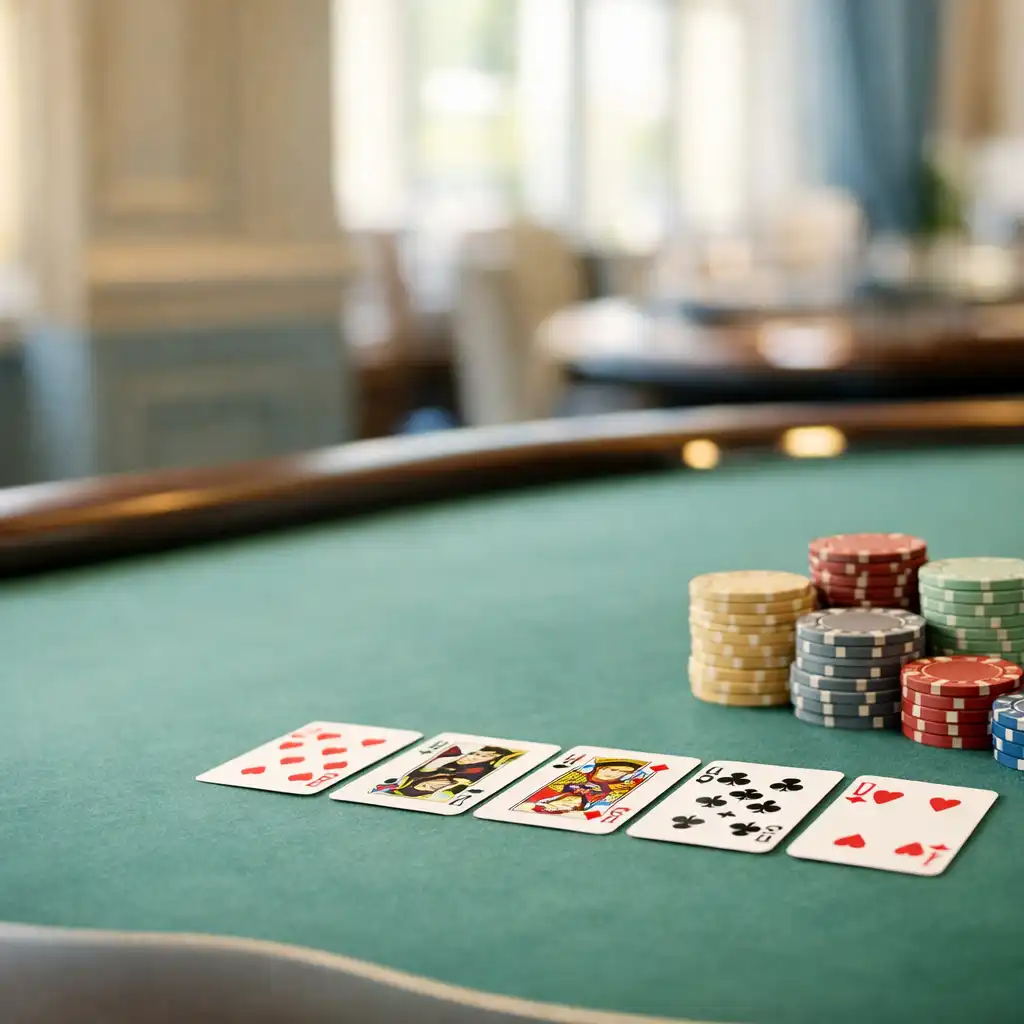 Bright poker table with cards and chips in a premium Zealand card lounge