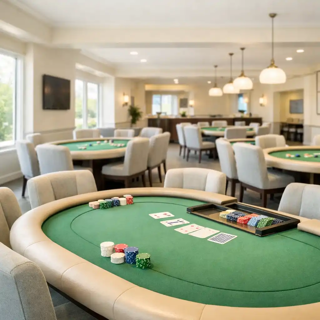 Bright poker room at The Sly Strategist with real poker tables and natural light