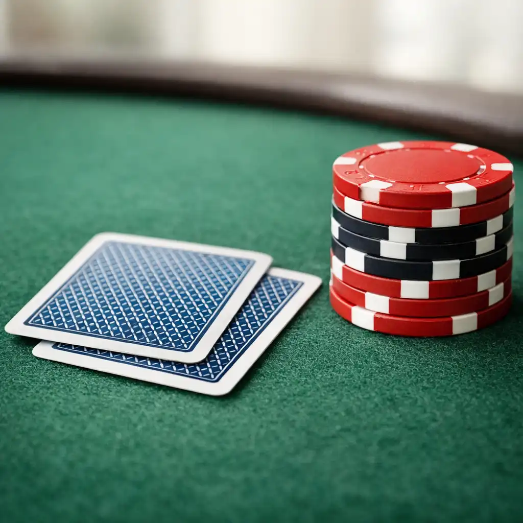 Close-up of a poker table felt with cards, chips, and a dealer button