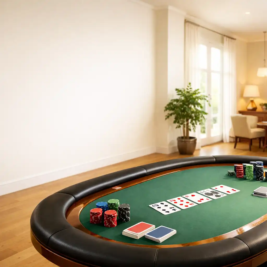 Bright modern poker room with a premium poker table, cards, and chips
